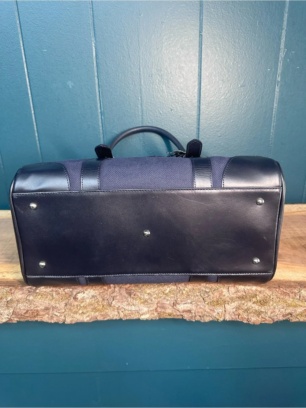 Tru Trussardi Navy Canvas & Black Leather Satchel